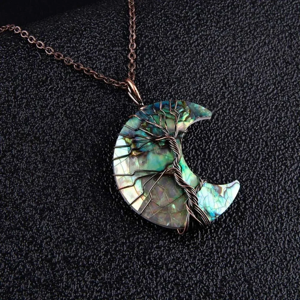 Witch Moon Necklace Copper Wire Abalone Crystal Pendant Natural Stones